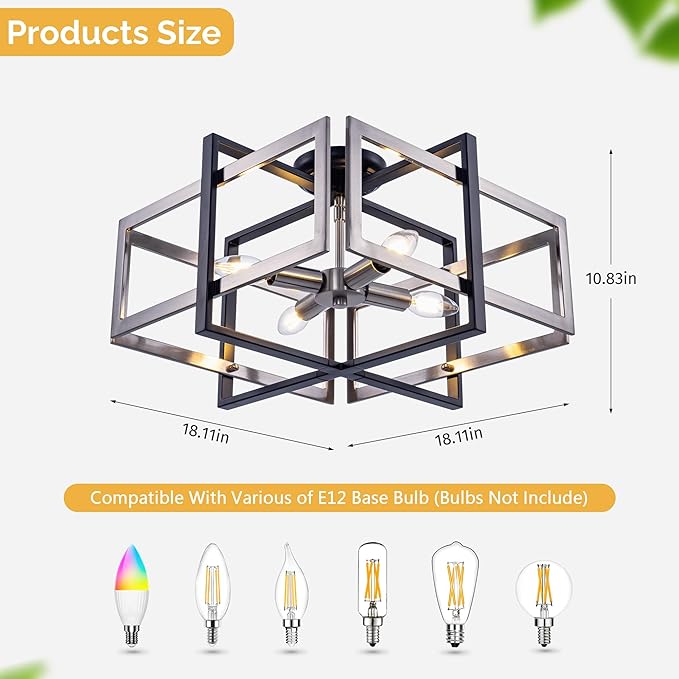 TOCHIC Flush Mount Ceiling Light, Black and Brushed Nickel Farmhouse Flush Mount Chandelier 4 Lights Industrial Metal Light Fixture for Dining Room, Living Room, Kitchen, Foyer, Hallway, Bedroom