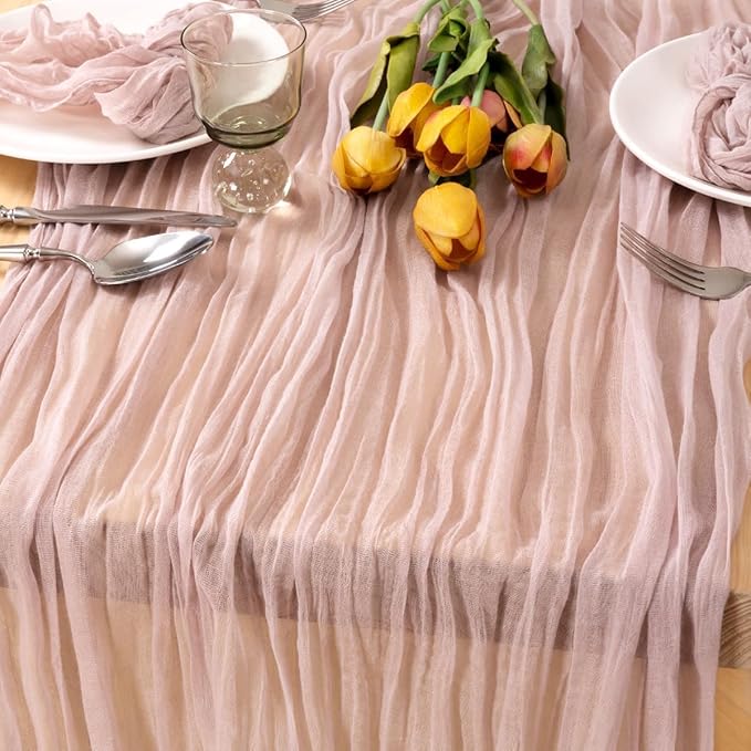 MLMC Pink Table Runner Boho Cheesecloth Table Runner 10ft Rustic Dusty Pink Gauze Cheese Cloth Centerpiece Decor 35x120 Inches for Wedding Bridal Baby Shower Birthday Party Decor