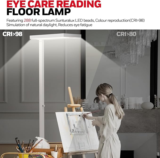 Honeywell 8000LM LED Floor Lamp, 02E Gen Sunturalux Eye-Caring Reading Standing Light, 80W Modern Natural Daylight 4000K Dimmable 77" Tall Floor Lamps for Living Room for Kids Study Home Office White
