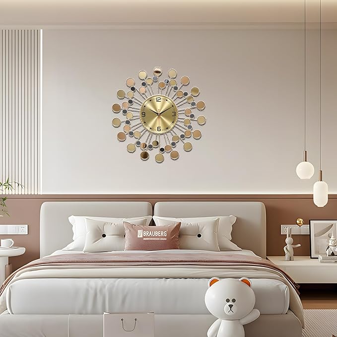 Wall Clock 22.83 Inch Gold - Large Sunburst Clock Non-Ticking Battery Operated, Starburst Round Wall Watch with Shell Disc Decoration for Living Room Bedroom Kitchen Office Home Decor