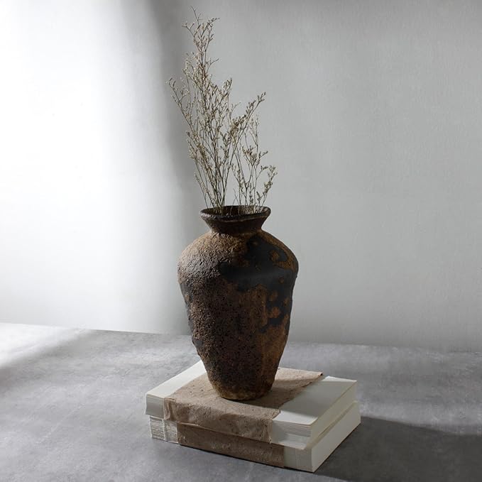 Rusty Ceramic Vase, Pottery Farmhouse Flower Vase for Centerpieces, Wabi Sabi Decorative Vase for Table, Living Room, Bedroom, Bathroom