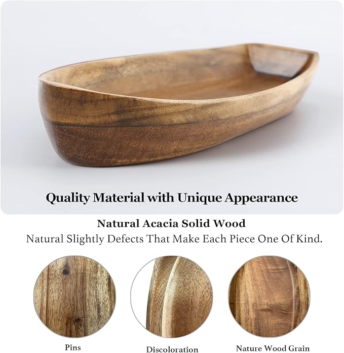 Lucky Boat Serving Tray, Acacia Solid Wood Boat Shape Plate for Serving Desserts, Fruit, Snack and Seafood or House Ornament,Key Tray,Functional and Storage Decorative Bowl。 (M)