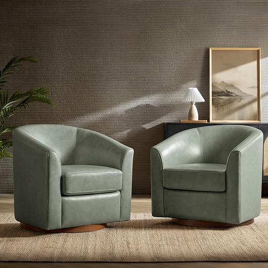 HULALA HOME Genuine Leather Swivel Accent Chairs Set of 2 with Solid Wood Base, Round Swivel Barrel Chairs for Living Room and Bedroom, Sage