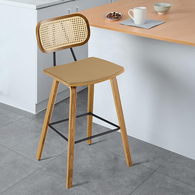 26" Counter Height Bar Stools Mid Century Modern Counter Stools, Wood Counter Stool with PU Leather Upholstered Bar Chair with Rattan Back, Counter Height Stools for Kitchen Island, Brown & Walnut