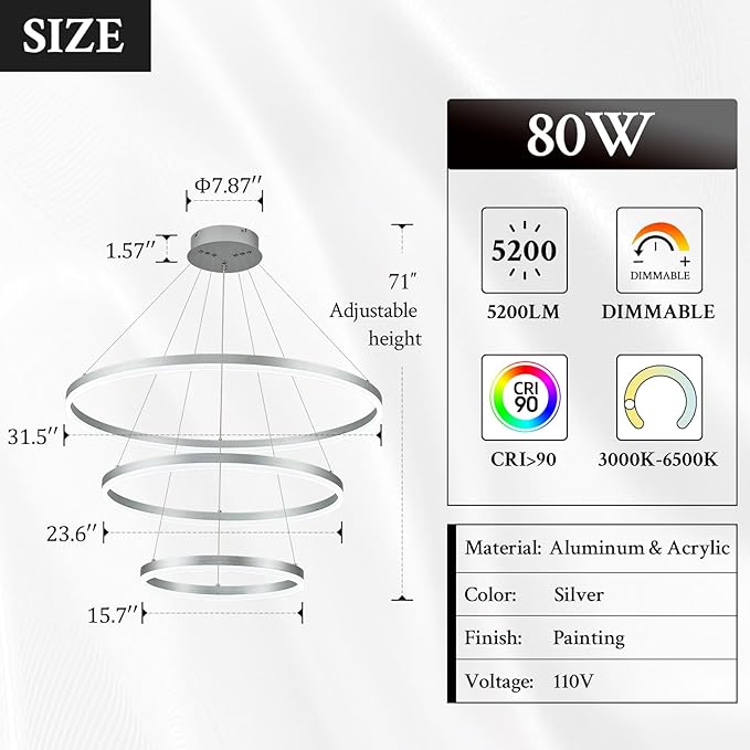 3-Rings Modern LED Chandelier Silver, Dimmable Pendant Lighting with Remote Control Circular Flush Mount High Ceiling Light for Living Room Dining Room Foyer, 3000K-6500K D31.5’’