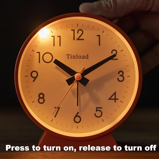 4.5" Battery Operated Antique Retro Analog Alarm Clock, Small Silent Bedside Desk Clock, Lighted on Demand, Battery Operated, Snooze, for Living Room, Bedroom, Bedside, Desk(Orange)