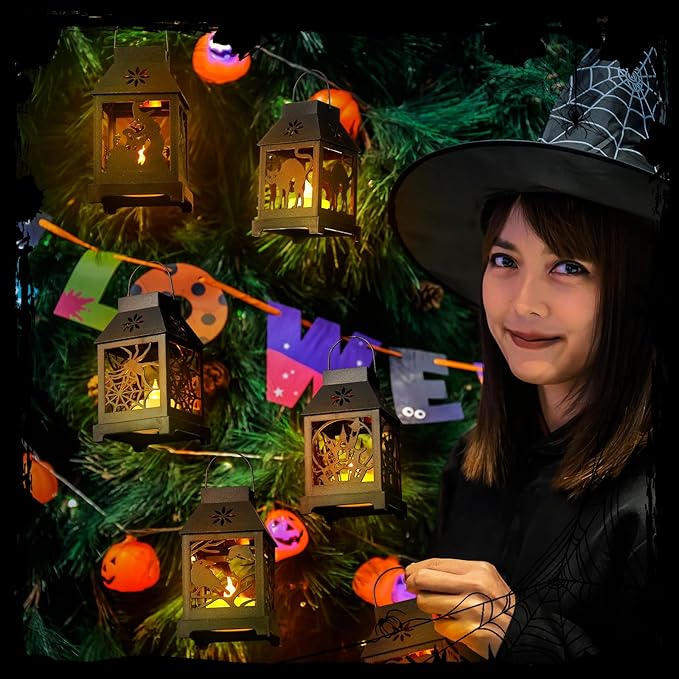 6 Pcs Halloween Mini Lantern with Flickering LED Candles 4.5 Inch Halloween Lantern Decoration Bulk Decorative Hanging Spooky Halloween Lanterns for Indoor Outdoor Party Halloween Decoration