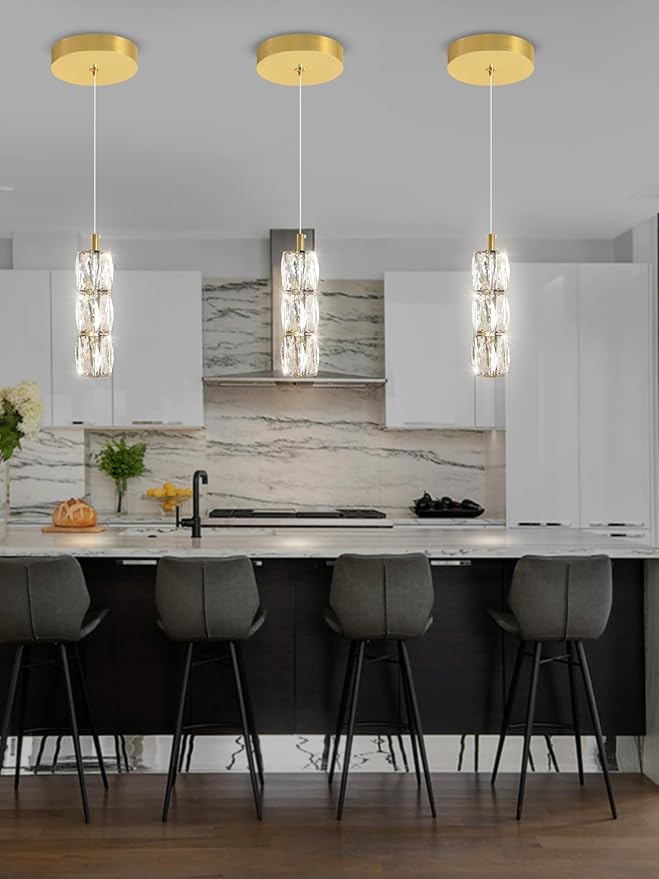 Pendant Lights Kitchen Island Single Head Gold Crystal Island Lights Dining Foyer Entrance Modern Chandeliers LED Dimmable 2700-6000K