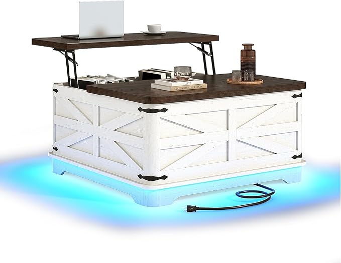 36" Farmhouse LED Lift Top Coffee Table with Storage and Power Outlets, Square Wood Living Room Tables with LED Lights & Large Hidden Space, Lift Wooden Barn Door Center Table, Rustic White