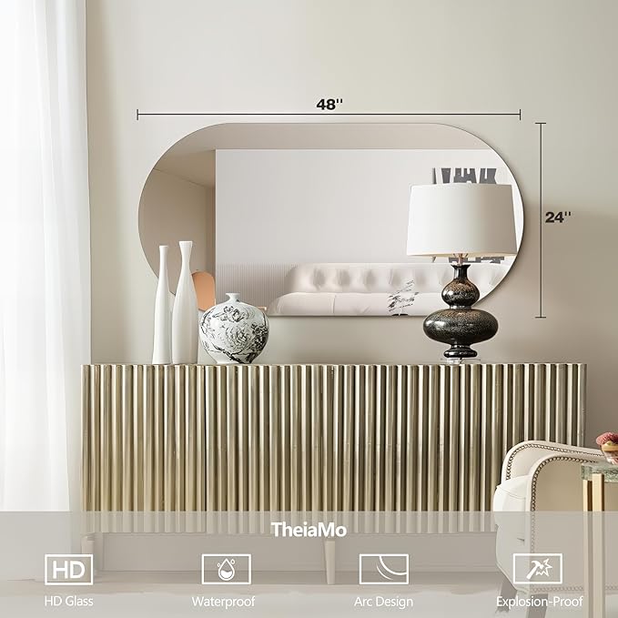 48"x24" Frameless Mirror Wall Mirror, Modern Oval Bathroom Mirror with Polished Edge, Hang Horizontally or Vertically, for Bedroom Bathroom Livingroom Gym Entryway and More