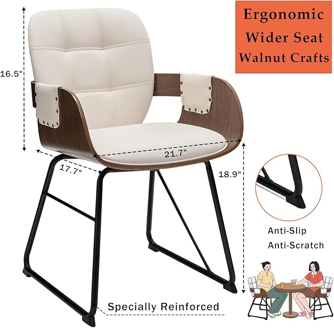 Set of 2 Mid Century Modern Dining Chairs - Mcm Dining Chairs with Upholstered Seat, Cushion Arm, High Back, Metal Legs, Faux Leather, Ideal for Kitchen/Living Room/Dining Room (Modern Beige)