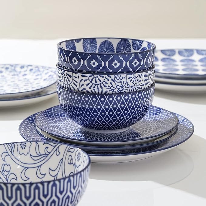 Selamica Ceramic Dinnerware Sets, 16 Pieces Dishes Set for 4, Highly Chip and Crack Resistant Plates and Bowls Sets, Dishwasher & Microwave Safe, Vintage Blue
