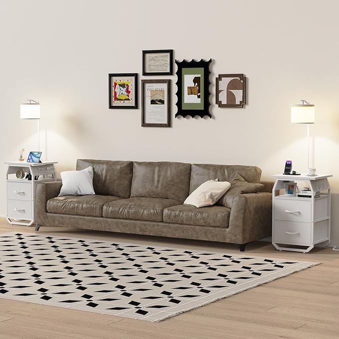 Floor Lamp with Table, End Tables with Lamps Attached 3-Color Temperature Bulb, Side Table with Lamp with 2 Drawers & Charging, Lamps Tables Combo for Bedroom, Dorm, Apartment - White