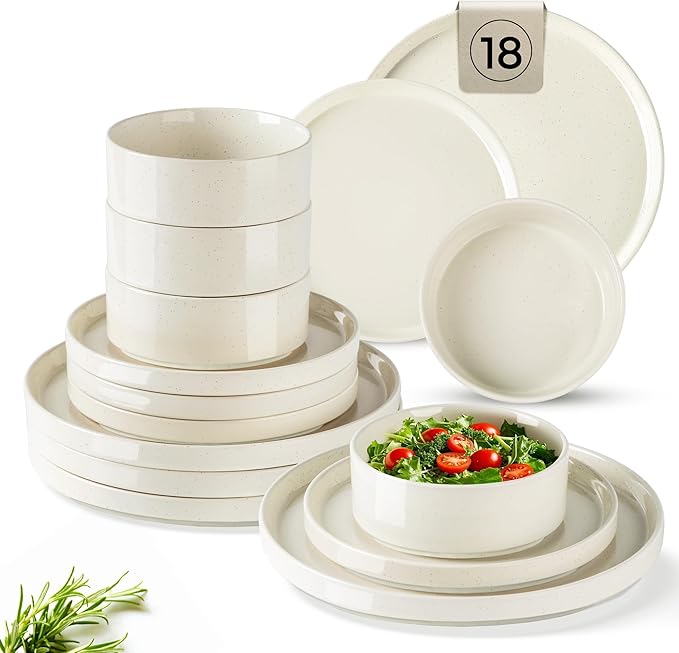 GBHOME Dinnerware Set for 6, 18 Piece Speckled Plates and Bowls Set with Glazed Bottom, Chip & Scratch Resistant Stoneware Plates Sets, Dishwasher & Microwave Safe Dishes, Light Beige