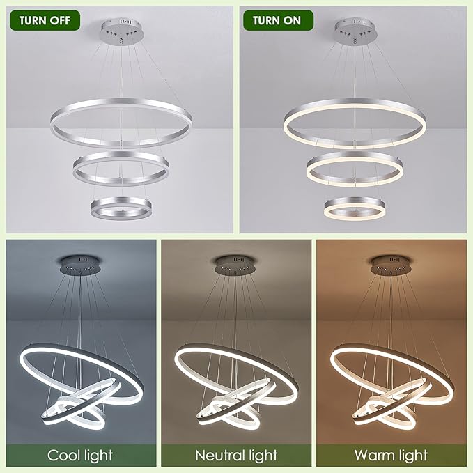 3-Rings D23.6 Modern LED Chandelier Silver Dimmable Pendant Lighting with Remote Control Circular Flush Mount High Ceiling Light for Dining Room Living Room Bedroom Entrance Foyer, 3000K-6500K