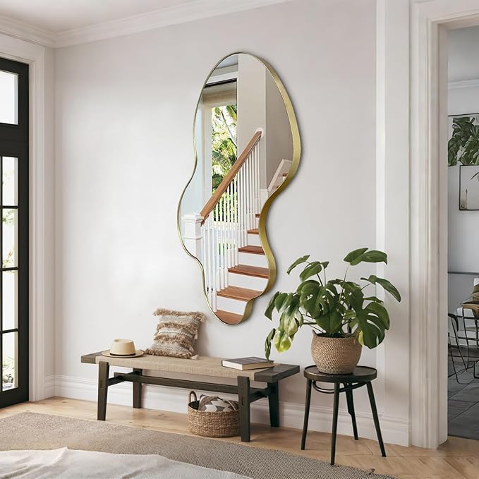 Gold Irregular Mirror, 23.6"x46.5" Asymmetrical Wall Mirror, Large Waved Mirrors with Metal Frame, Cloud Shaped Mirrors for Living Room Bathroom Bedroom Hallway Entryway Fireplace