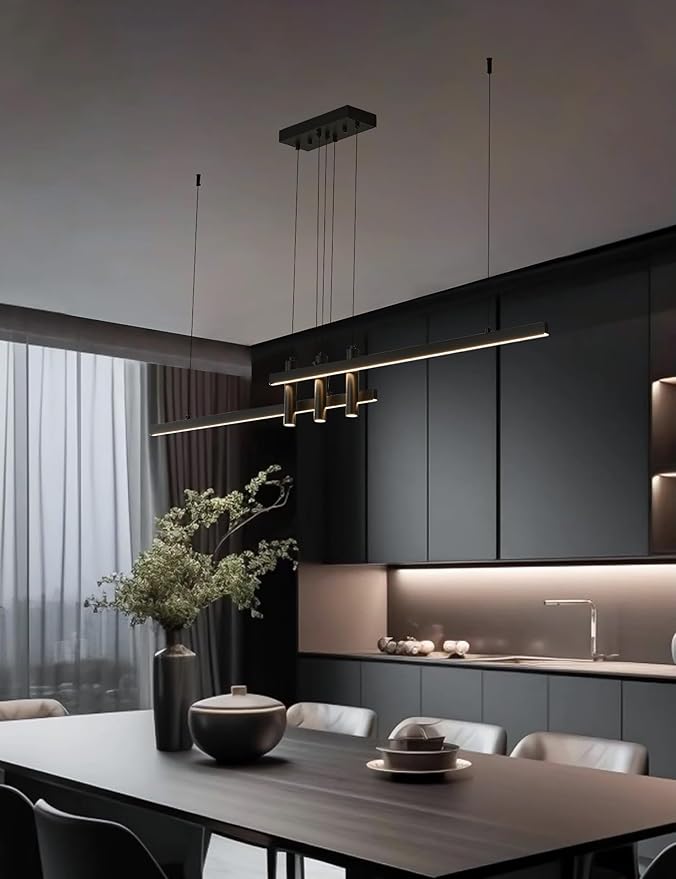 Modern Black Linear Pendant Lights Kitchen Island Lighting Minimalist Led Chandeliers Pool Table Light Dimmable Ceiling Hanging Light Fixture Dining Room with Remote Control (59in)