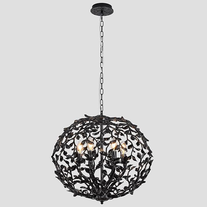Black Industrial Branch Pendant Lights, 6-Light Modern Farmhouse Pendant Lighting , High Ceiling Hanging 21.7" Spherical Cage Pendant light Fixture for Living Room, Dining Room, Foyer, Bedroom