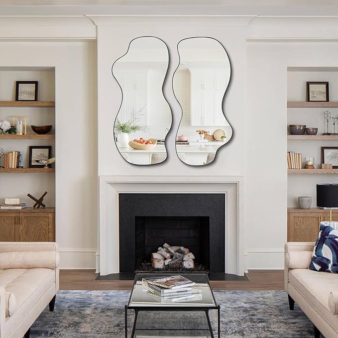 POZINO Irregular Mirror, Asymmetrical Wall Mirrors, 40"x18" Frameless Wall Mirrors Decorative, Modern Waved Shaped Mirror for Living Room Bathroom Bedroom Hallway Entryway Fireplace