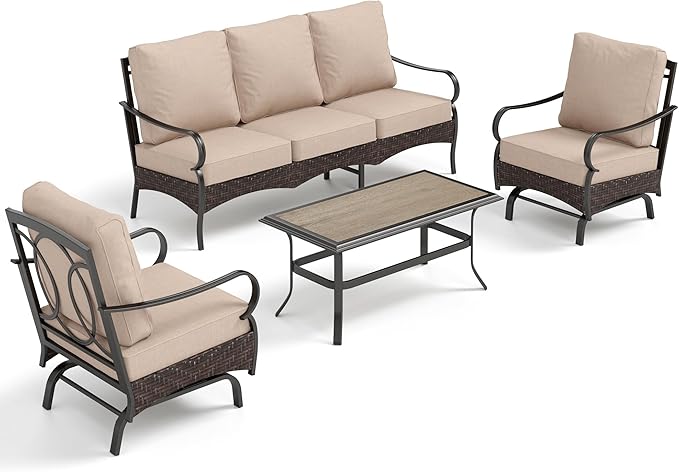 PHI VILLA Outdoor Modern Patio Furniture Set, Upgraded Wicker&Metal Patio Furniture Conversation Set with Waterproof Thick Cushions for Porch, Poolside, Deck, and Yard (4 Pieces,Beige)