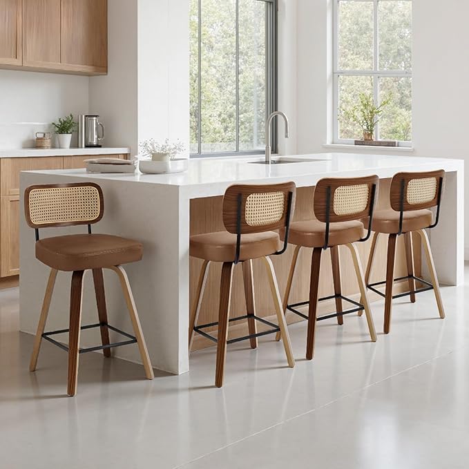 Swivel Counter Height Bar Stools Set of 4, Upholstered Faux Leather Barstools with Rattan Back, 26" Seat Height Bar Chairs for Kitchen Island, Bentwood Wood Frame, Brown