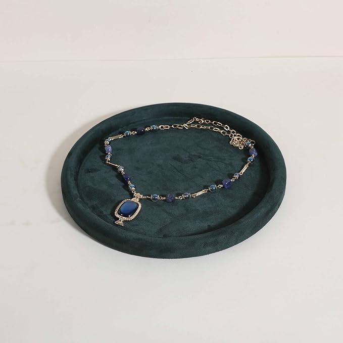 GemeShou Round Jewelry Organizer plate, Top Microfiber velvet Jewerly display tray, Empty Jewelry showcase tray for Necklace Bracelet Ring Earring display stand holder (Green-Large, 9.8 x 9.8 in)