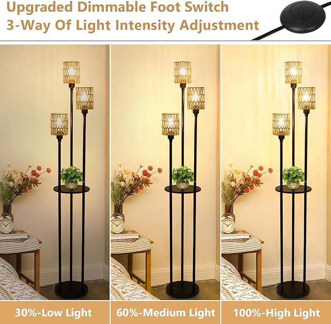 Dimmable Boho Floor Lamps for Living Room, 3-Lights Farmhouse Floor Lamp with 3-Way Foot Switch, Rattan Floor Lamp with Shelves, Rustic Standing Lamp with Rattan Shades, Tall Lamps for Bedroom