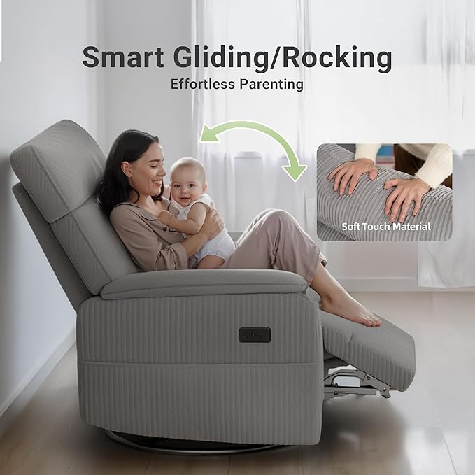 Overized Power Swivel Rocker Recliner Chair,Comfy Corduroy Sofa Reclining for Adults,Adjustable Rocker Reclining Sofa Lounge with USB&Type-C Ports,Side Pocket,for Living Room,Grey