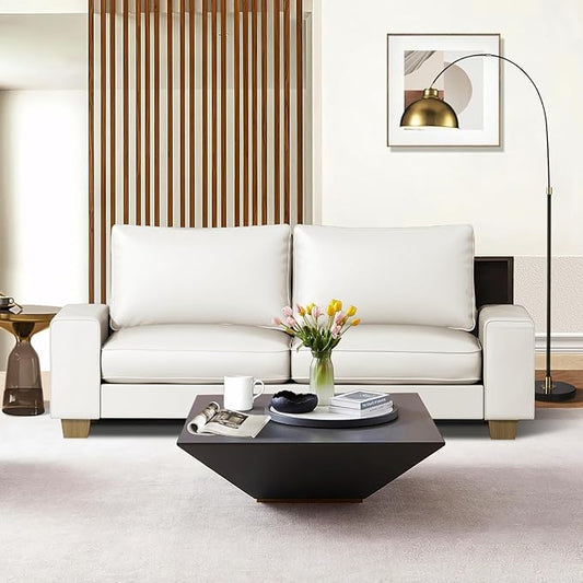 Faux Leather Couch, Mid Century Modern Comfy Loveseat Sofa with Wide Arm, Side Pockets, Solid Wooden Frame for Office, Living Room and Bedroom, 2 Seater (White, 71.25 Inches)
