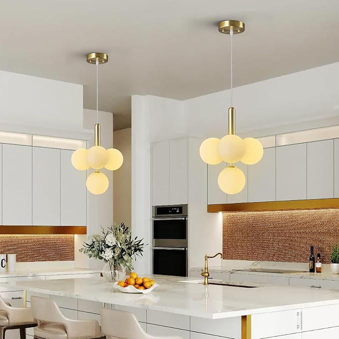 4 Light Globe Chandelier Mid Century Pendant Light with Milky White Glass Shade Modern Gold Sputnik Chandeliers for Dining Room Living Room Bedroom Kitchen Island