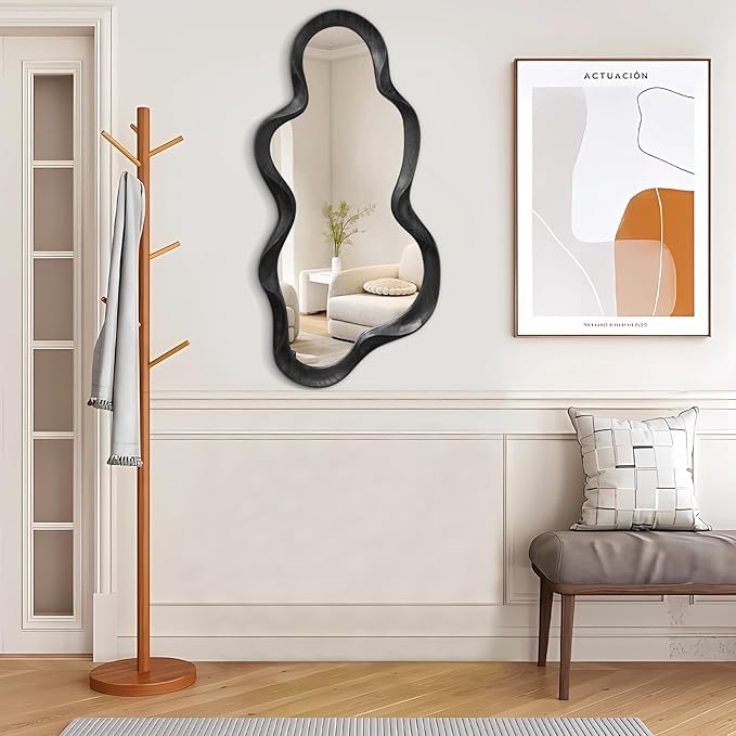 Black Asymmetrical Mirror for Wall Irregular Wood Frame Mirrors Modern Artistic Wavy Wall Mirror Decorative Vanity Bathroom Living Room Bedroom Entryway Hallway Cute and Stylish Cloud Mirror Large