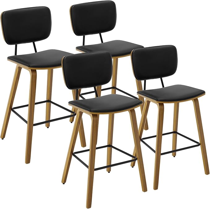 Counter Height Bar Stools Set of 4, PU Leather Upholstered Barstools with Backs, Bent Wood Legs, 26 Inch Seat Height, Mid Century Modern Counter Stools for Kitchen Island, Black