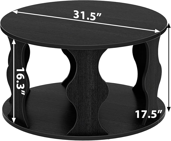 HSH Black Round Coffee Table, Modern Wood Circle Center Table for Living Room, Unique Rustic Wooden Circular Coffee Table with Storage, 2-Tier Accent Cocktail Tea Tables in Small Room, 31.5 in, Oak