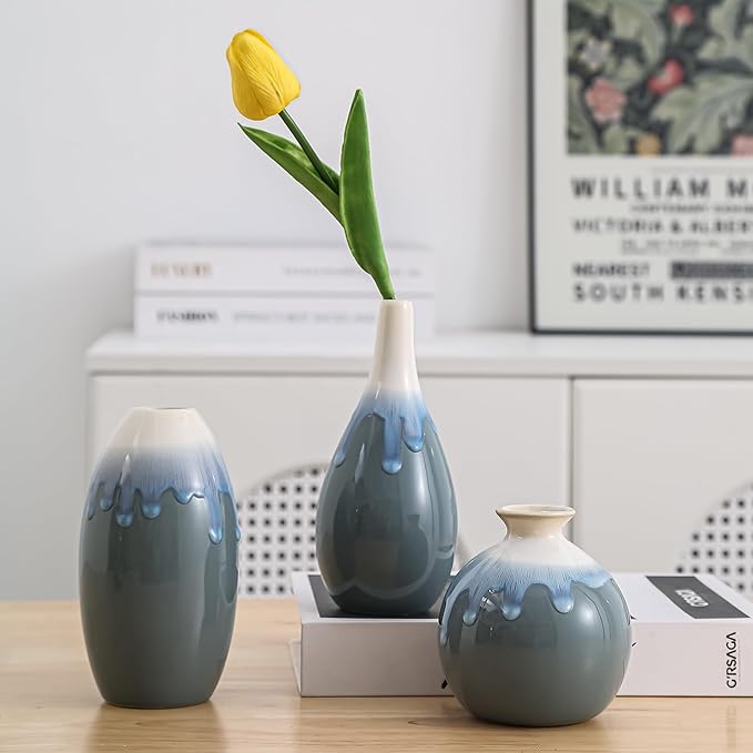 Ceramic Vase Set of 3, Farmhouse Decor, Home Decorative Vases for Kitchen, Bedroom, Office, Living Room, Bathroom, Shelf Centerpiece Table, Terracotta Pottery Vases Set Gift Blue