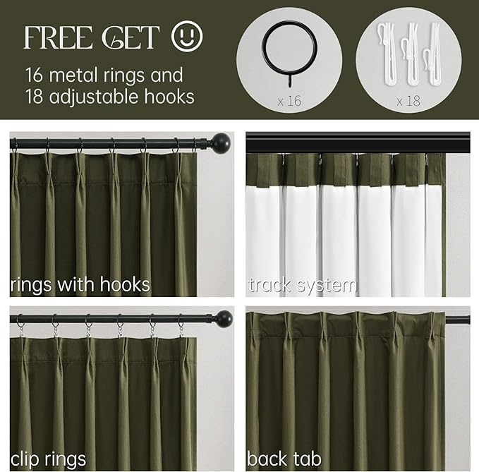 Topfinel Olive Green Linen Blackout Curtains 96 Inches Long, 100% Blackout Pinch Pleated Dark Green Boho Soundproof Track Back Tab Drapes with Hooks Rings for Living Room Bedroom Sliding Door