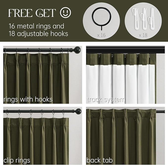 Topfinel Olive Green 100 Inch Long Black Out Custom Curtains, Double Pinch Pleated Window Coverings, Nursery Kids Summber Boho Farmhouse Heat Blocking Sound Block Back Tab Curtains for Sliding Door