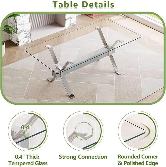 7 Piece Glass Dining Table Set, Kitchen Table Chairs Set for 6, 71'' Dining Table with 0.4" Tempered Glass Tabletop with Plated Metal Legs and MDF Crossbar, 6 PU Chairs for Dining Room, Kitchen.