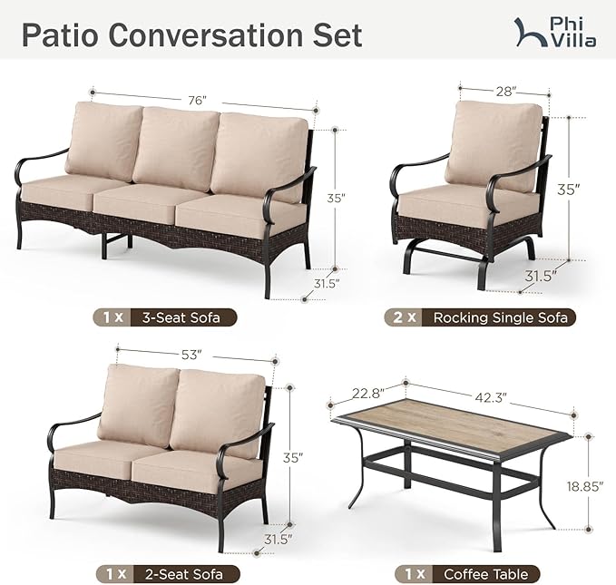 PHI VILLA Outdoor Modern Patio Furniture Set, Upgraded Wicker&Metal Patio Furniture Conversation Set with Waterproof Thick Cushions for Porch, Poolside, Deck, and Yard (5 Pieces,Beige)