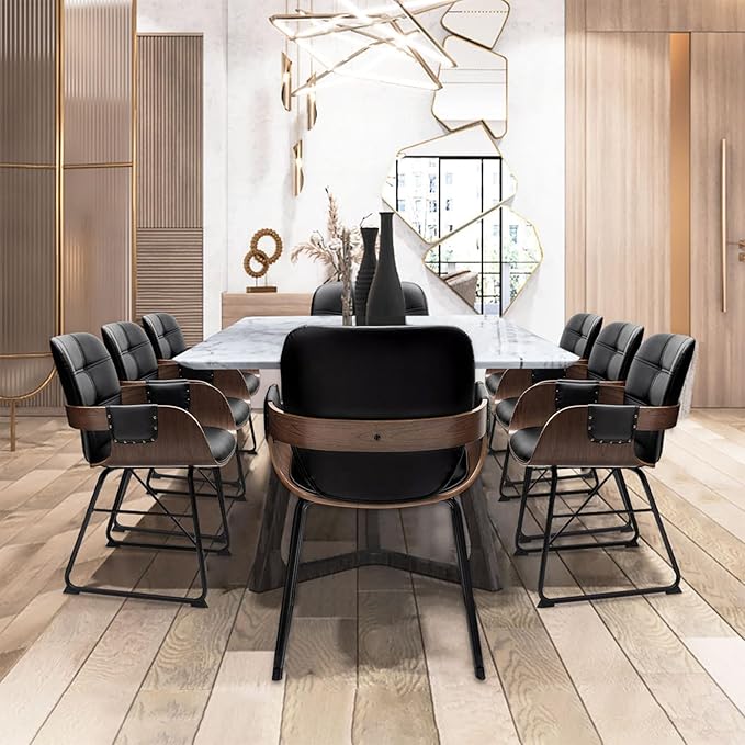 Set of 2 Kitchen & Dining Room Chairs - Mid Century Modern Chairs with Upholstered Seat, Cushion Arm, High Back, Metal Legs Walnut Dining Chairs for Kitchen/Living Room (Modern Black)