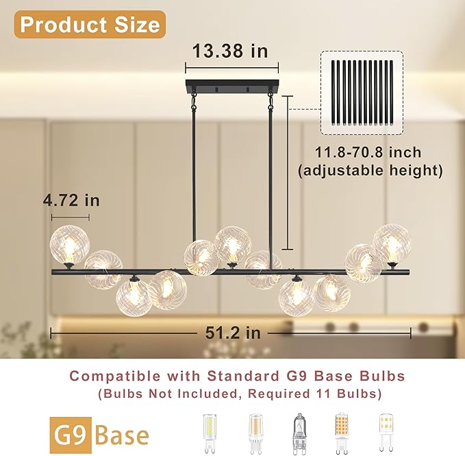 Linear Chandeliers for Dining Room, 51" Dining Room Light Fixture with Clear Swirled Glass Globe 11 Lights Black Sputnik Chandelier Bubble Large Chandelier Modern Farmhouse Island Light