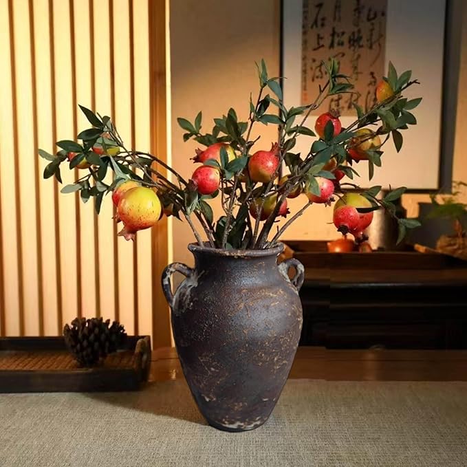 Black Pottery Vase - 10" Rustic Farmhouse vase, Vintage Weathered Terracotta Vases, Handmade Clay vases with Two Handles, Tall Textured Antique Vase for Home Decor, Entryway, Fireplace Mantel Decor