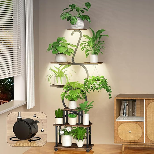 Plant Stand with Grow Lights, 8 Tiered 64" Corner Plant Stand, Metal Plant Shelf Indoor with Wheel, Large Plant Stands, Flower Rack Display for Living Room, Garden, Patio-Thick 1.2MM Steel Frame
