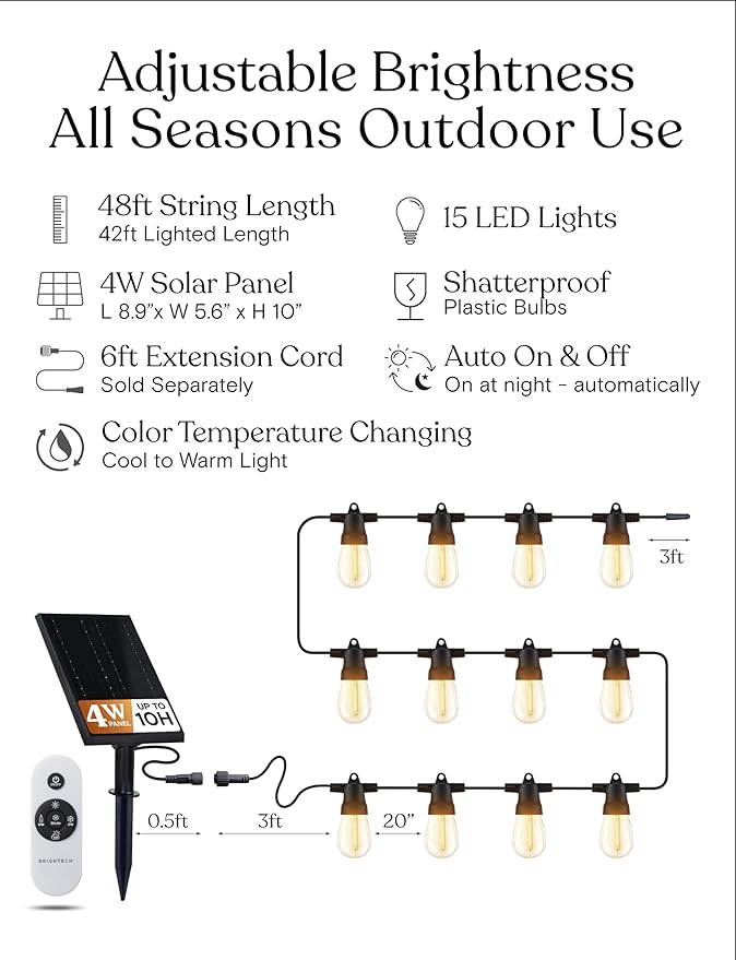 Brightech Ambience Pro Solar String Lights for Outside - Super Bright Remote Control Color Adjustable Outdoor String Light - Commercial Grade String, 15 Waterproof LED Bulbs for Patios, Camping - 48Ft