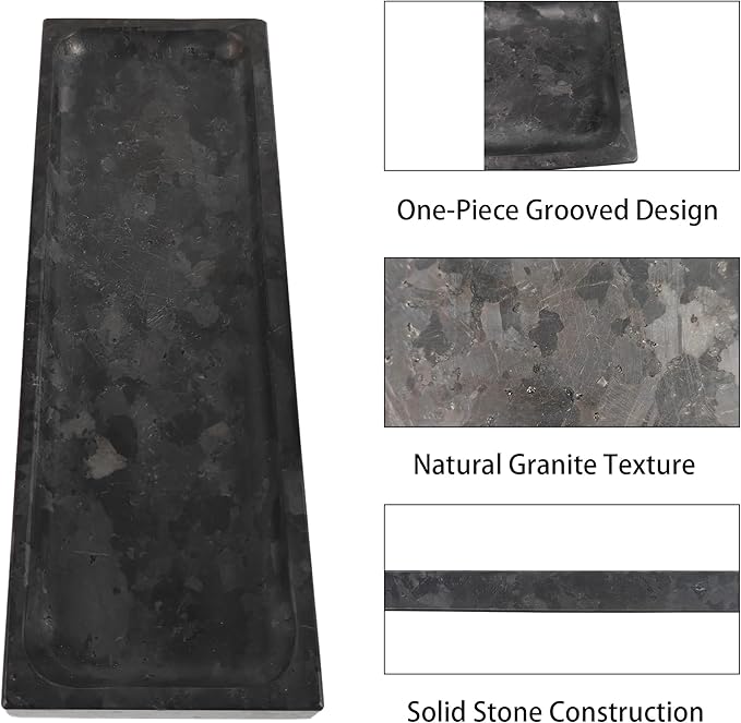 Matte Black Granite Vanity Tray - Natural Stone Rectangular Catchall, 10.6" Decorative Organizer for Bathroom, Entryway, or Desk - Minimalist Display Tray with Unique Veining