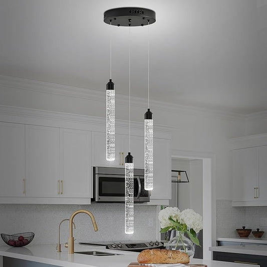3-Light Modern Dimmable LED Crystal Chandelier - Black Mini Pendant Lighting with Spiral Raindrop/Bubble Cluster Pendant for Kitchen Island, Dining Room, Living Room, Foyer