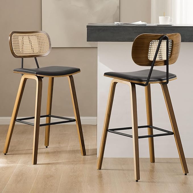 Counter Height Bar Stools Set of 4, Mid Century Modern Counter Stools, 26" Wood Kitchen Stool PU Leather Upholstered Barstool with Rattan Back, Counter Height Island Dining Bar Chair, Black