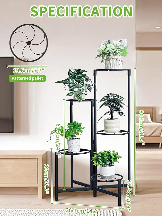 Corner Plant Stand Indoor Outdoor Tall Metal Flower Pot Stands for Multiple Plants 5 Tier Heavy Duty Plant Shelf for Patio Garden Balcony Living Room Bedroom Black Kite