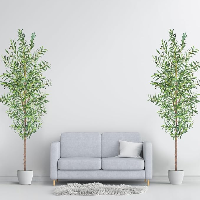 7FT Artificial Olive Tree, Tall Faux Olive Trees 84in Outdoor Fake Potted Silk Plant with Trunk and Realistic 1048 Leaves and 40 Fruits for Modern Office Home Decor Indoor 2Pack