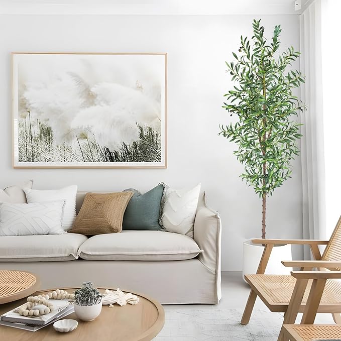 7FT Artificial Olive Tree, Tall Faux Olive Trees 84in Outdoor Fake Potted Silk Plant with Trunk and Realistic 1048 Leaves and 40 Fruits for Modern Office Home Decor Indoor 2Pack