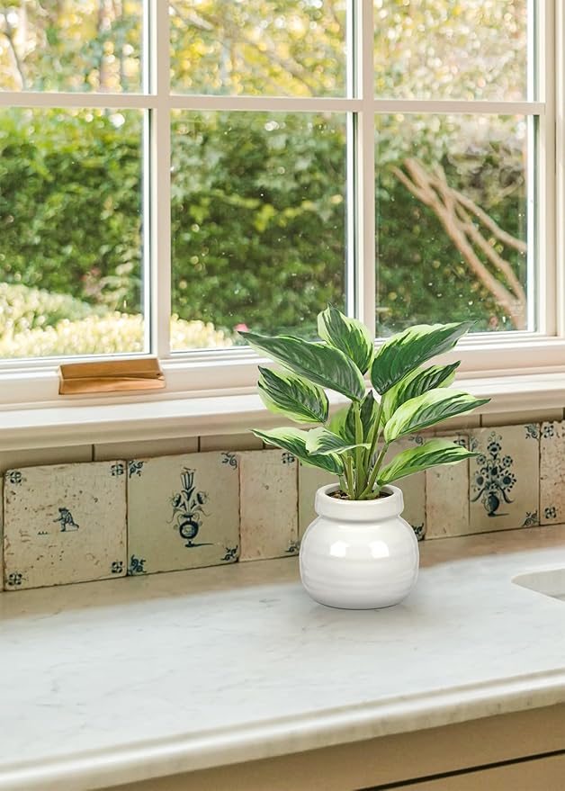 Small Fake Plants Indoor 11 Inch Potted Plant Artificial Decor 10 Leaves Faux Plant with White Ceramic Pot Silk House Plants for Home Office Bathroom Kitchen Farmhouse Table Centerpieces Shelf Decor